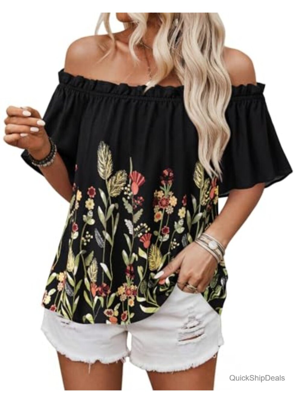 Womens Off The Shoulder Ruffle Peasant Blouse Boho Summer Top